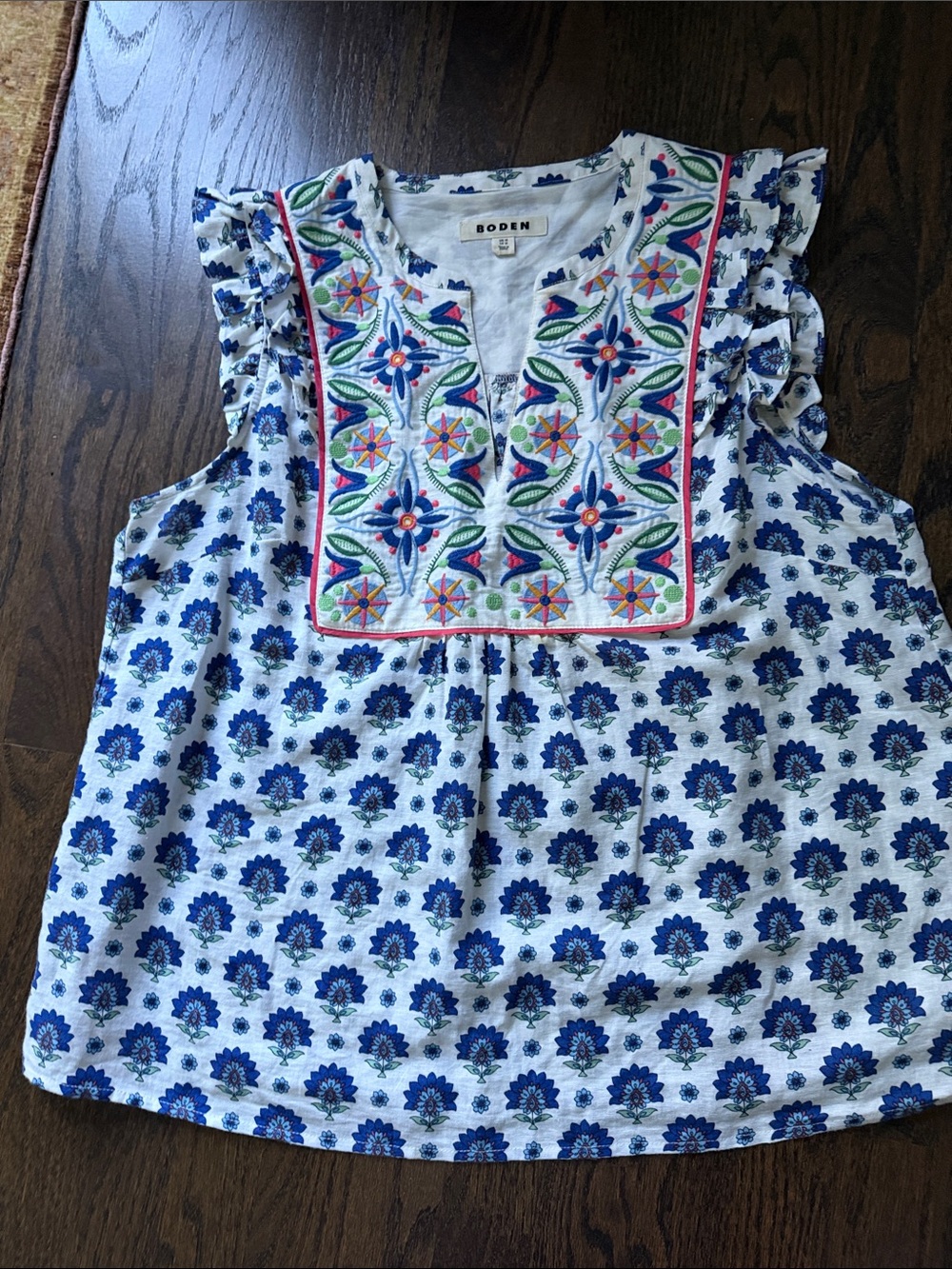 Boden White Sleeveless Top with Blue Block Print and Embroidery